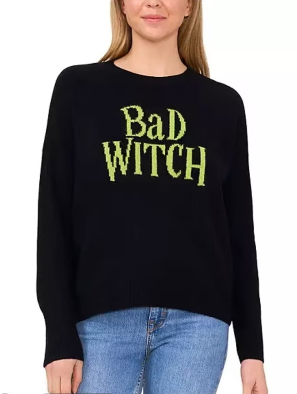 Vince Camuto Black Sweater with Neon Green "Bad Witch" Graphic